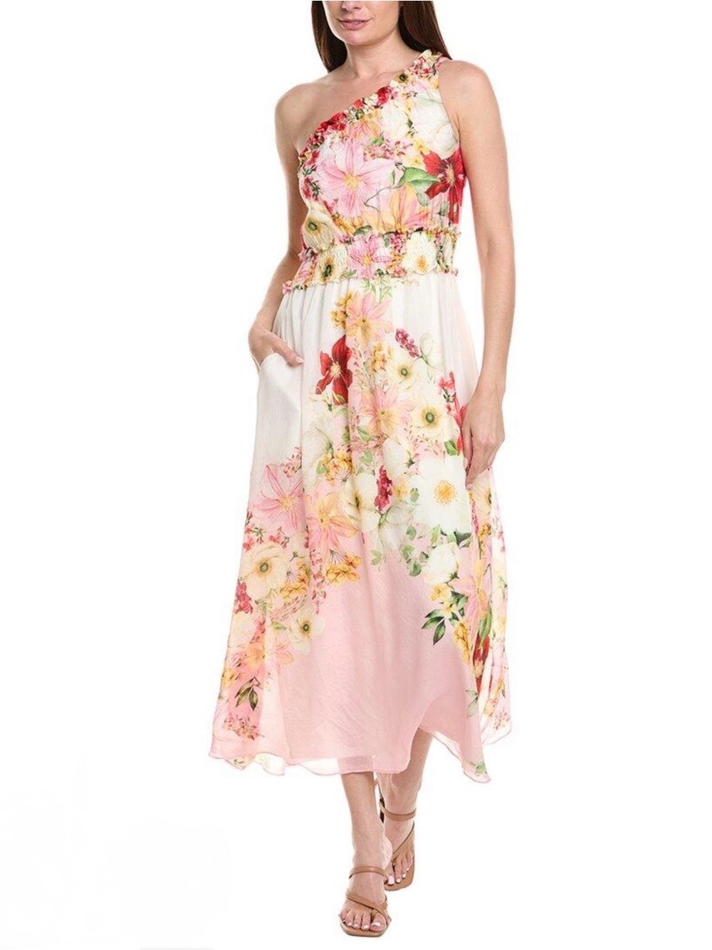 Taylor Womens Floral One Shoulder Smocked Midi Maxi Dress Pockets Wedding Sz 8